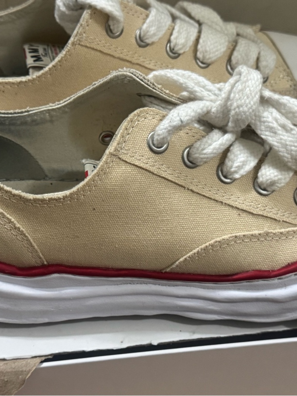 Miharayasuhiro Cream Canvas Sneakers with White Laces and Red Trim